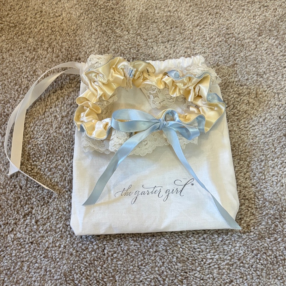 Satin and Lace Garter Set - Blue and Cream